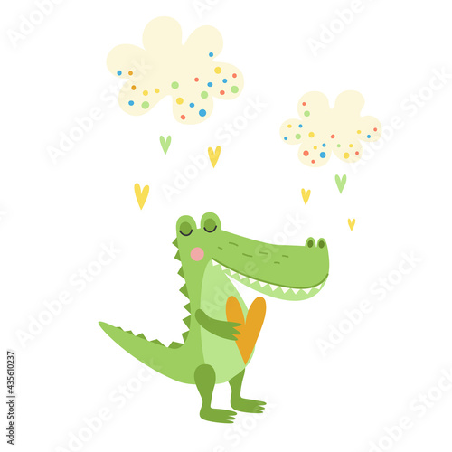 Illustration of a cute cartoon crocodile holding a heart.