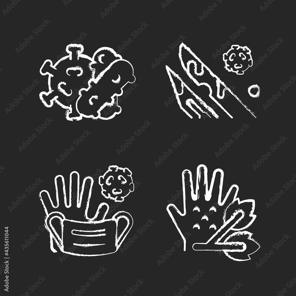 Infectious bio waste chalk white icons set on black background. Plants pathogens. Medical waste which contains infected liquids. Bacteria and viruses. Isolated vector chalkboard illustrations Infectious bio waste chalk white icons set on black background. Plants pathogens. Medical waste which contains infected liquids. Bacteria and viruses. Isolated vector chalkboard illustrations