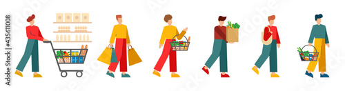 A set of 6 unique characters. People and supermarket. People walking with shopping cart in supermarket set. Shopping. Isolated flat vector illustration on white background.