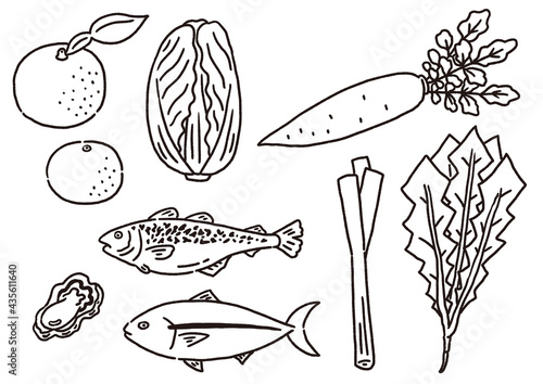 冬の食材　旬の野菜と魚のセット　線のみ