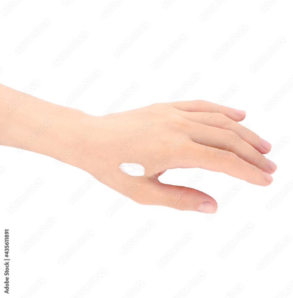Hand with skin cream isolated on white background. Health and body care theme Hand with skin cream isolated on white background. Health and body care theme