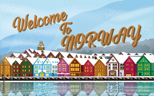 Colorful houses by the sea. City in Norway. Multilayer drawing with the title "Welcome to Norway"