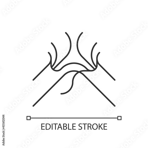 Damaged wire linear icon. Frayed, tattered cords. Sparks and overheating. Electrical hazard. Thin line customizable illustration. Contour symbol. Vector isolated outline drawing. Editable stroke