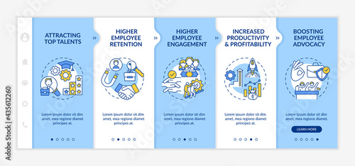Organizational culture benefits onboarding vector template. Responsive mobile website with icons. Web page walkthrough 5 step screens. Retention, profitability color concept with linear illustrations