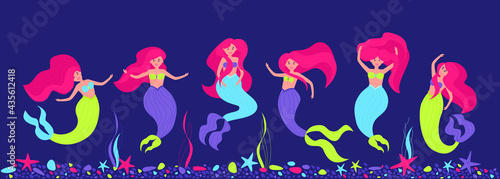 Set with neon mermaids on a dark background. Design of children's products with a fairytale hero. Flat vector illustration.