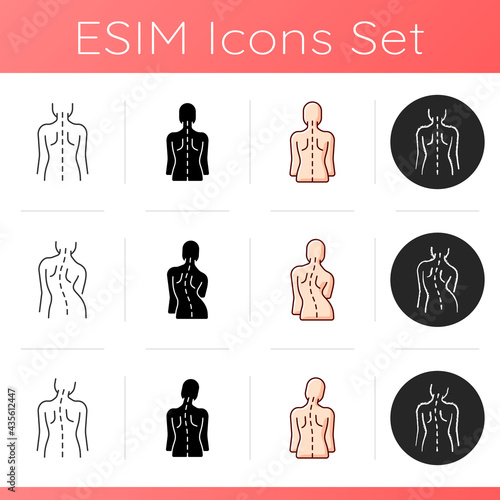 Back and posture problems icons set. Scoliosis. Normal spinal anatomy. Uneven hips and shoulders. Head tilt. Spinal abnormalities. Linear, black and RGB color styles. Isolated vector illustrations