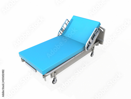 Concept hospital bed with electronic control from the console with dropper and table 3d render on white background with shadow