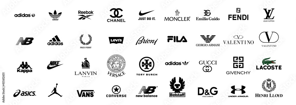 Top clothing brands logos. Set of most popular logo -adidas, new balance,  Kappa, asics, Reebok, NIKE, Vans, converse, puma, levis, Lacoste, GUCCI,  fila. Vector. Zaporizhzhia, Ukraine - May 25, 2021 Stock Vector | Adobe  Stock