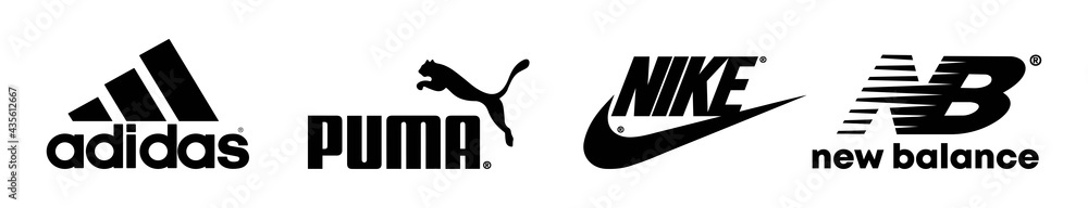 Sportwear brands. Set of most popular logo: adidas, new balance, NIKE,  Puma. Logos of sports equipment and sportswear company. Vector, icon.  Zaporizhzhia, Ukraine - May 25, 2021 Stock Vector | Adobe Stock