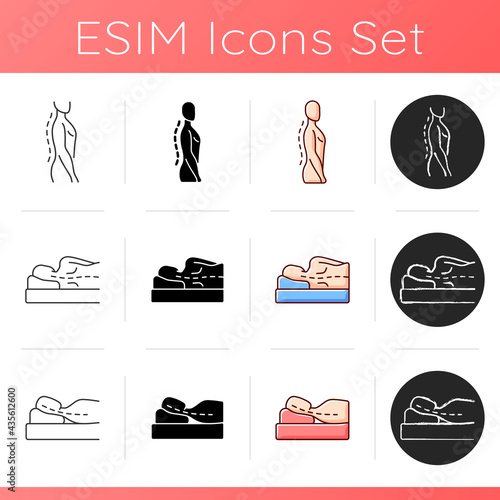 Poor posture problems icons set. Improving upright position. Incorrect sleeping pose. Nerve compression. Natural curvature. Linear, black and RGB color styles. Isolated vector illustrations