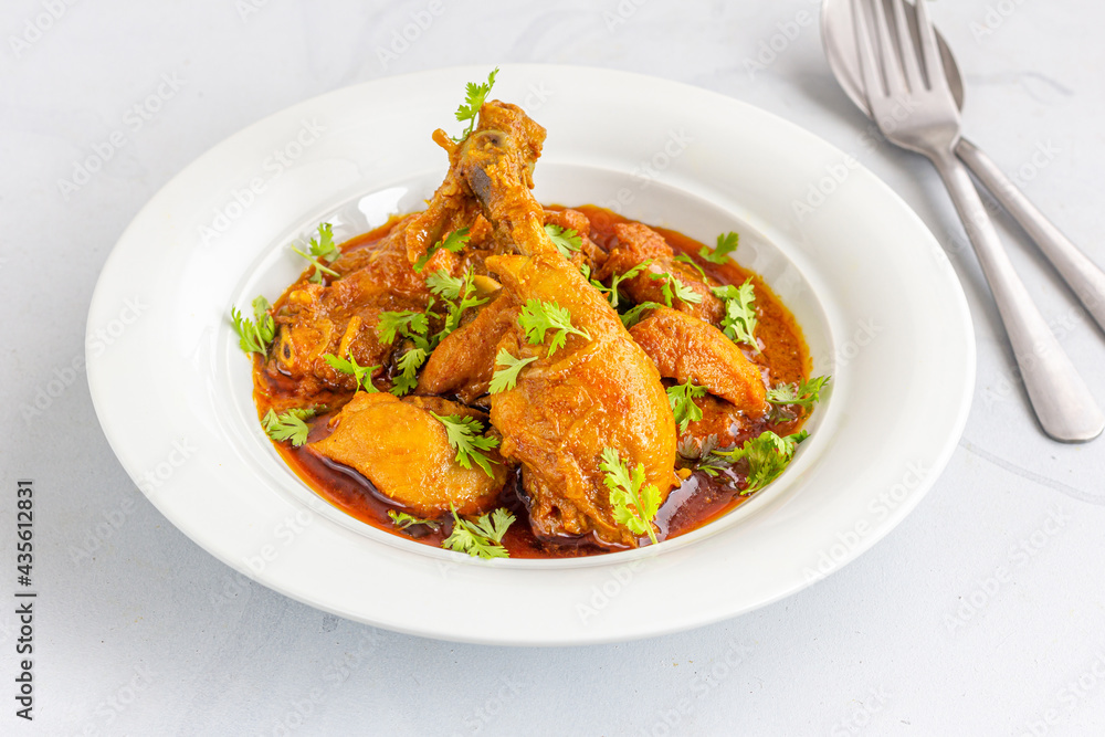 Traditional Indian Chicken Curry Garnished with Cilantro Close Up Traditional Indian Chicken Curry Garnished with Cilantro Close Up