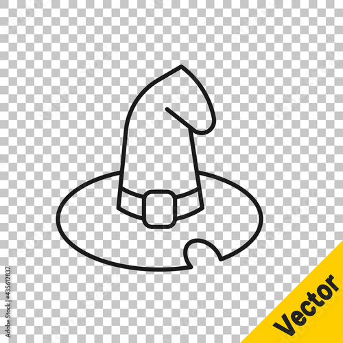 Black line Witch hat icon isolated on transparent background. Happy Halloween party. Vector