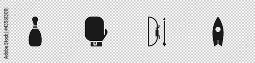 Set Bowling pin, Boxing glove, and arrow quiver and Surfboard icon. Vector