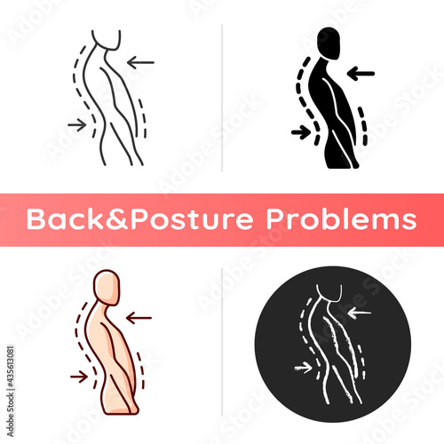 Swayback posture icon. Spine curvature disorder. Poor posture. Postural deformity. Backward thoracic spine movement. Ligament sprain. Linear black and RGB color styles. Isolated vector illustrations