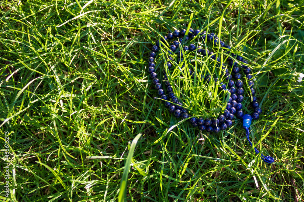Blue mala beads (lapislazuli) in green grass, close up and view from above. Buddhist prayer beads for japa meditation Blue mala beads (lapislazuli) in green grass, close up and view from above. Buddhist prayer beads for japa meditation