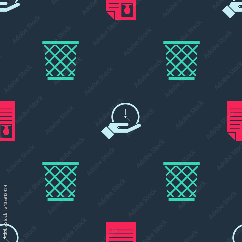Set Resume, Clock and Trash can on seamless pattern. Vector Set Resume, Clock and Trash can on seamless pattern. Vector