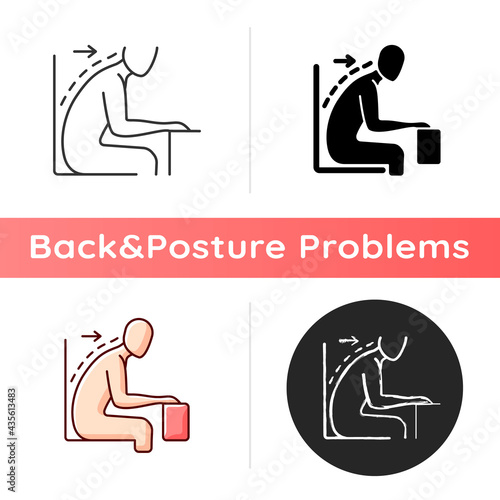Forward tilted sitting position icon. Rounded shoulders and hunched stance. Slouched position at desk. Unsupported posture. Linear black and RGB color styles. Isolated vector illustrations