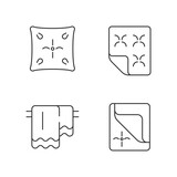 Household cloth linear icons set. Soft cushion. Orthopedic mattress. Hanging bathroom towels. Customizable thin line contour symbols. Isolated vector outline illustrations. Editable stroke