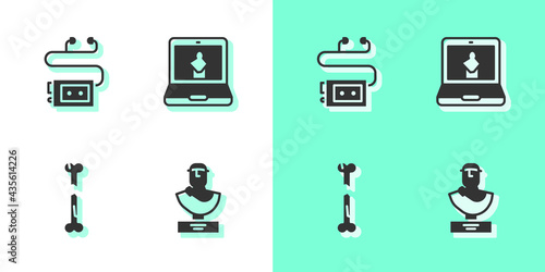 Set Ancient bust sculpture, Museum audio guide, Human broken bone and Online museum icon. Vector