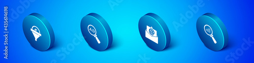 Set Isometric Lead management, Mail and e-mail, Magnifying glass analysis and Advertising icon. Vector