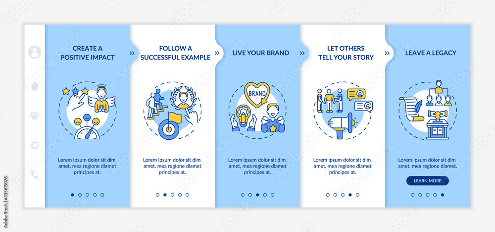 Personal brand rules onboarding vector template. Responsive mobile website with icons. Web page walkthrough 5 step screens. Building authority color concept with linear illustrations