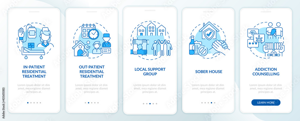 Rehabilitation types onboarding mobile app page screen with concepts. Out patient treatment walkthrough 5 steps graphic instructions. UI, UX, GUI vector template with linear color illustrations