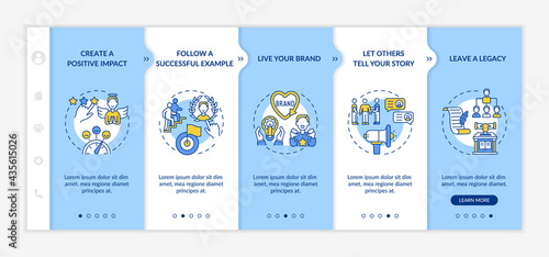Personal brand rules onboarding vector template. Responsive mobile website with icons. Web page walkthrough 5 step screens. Building authority color concept with linear illustrations