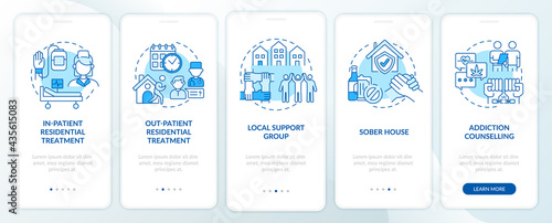 Rehabilitation types onboarding mobile app page screen with concepts. Out patient treatment walkthrough 5 steps graphic instructions. UI, UX, GUI vector template with linear color illustrations