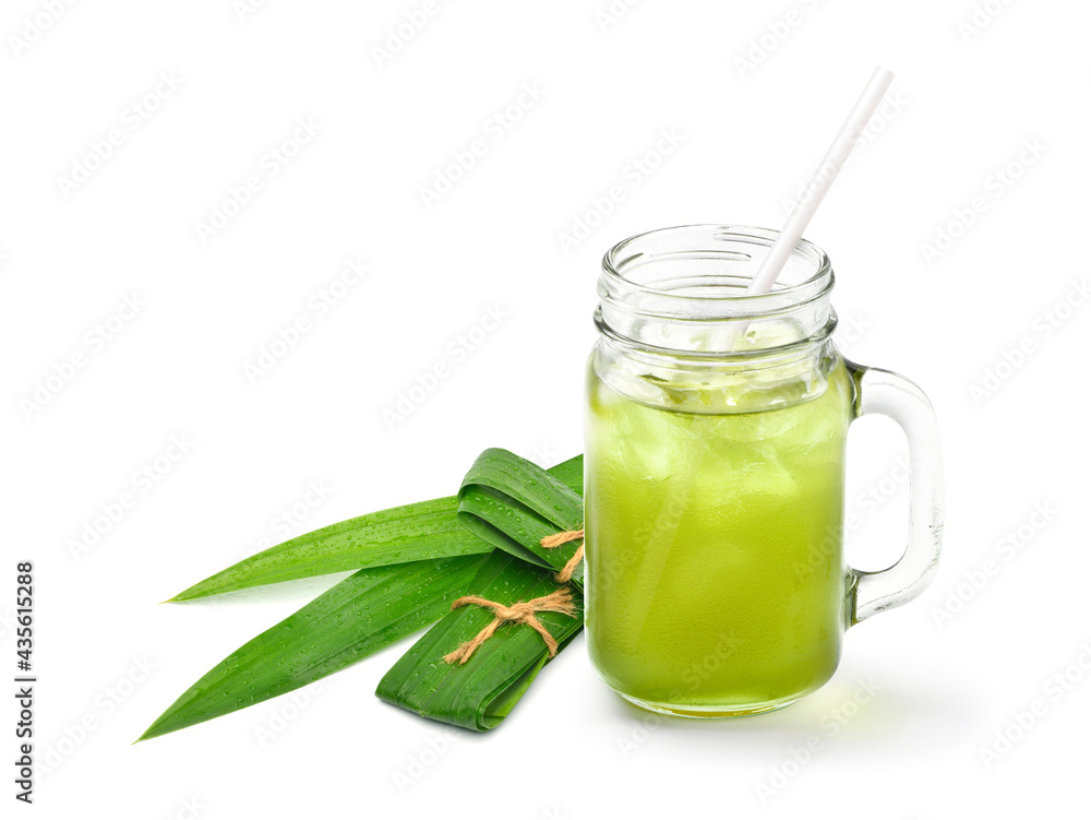 Pandan (Pandanus amaryllifolius) ice cool tea with green leaves on white background. Pandan (Pandanus amaryllifolius) ice cool tea with green leaves on white background.