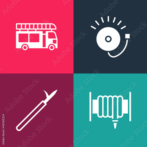 Set pop art Fire hose reel, Metal pike pole, Ringing alarm bell and truck icon. Vector