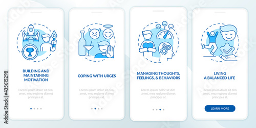Addiction recovery steps methods onboarding mobile app page screen with concepts. Coping urges walkthrough 4 steps graphic instructions. UI, UX, GUI vector template with linear color illustrations