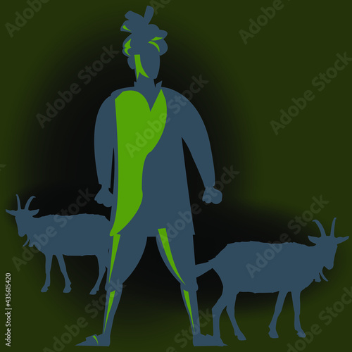 Illustration of India farmer, wearing turban kurta and dhoti, the typical costume of the Indian farmer, vector line art of India