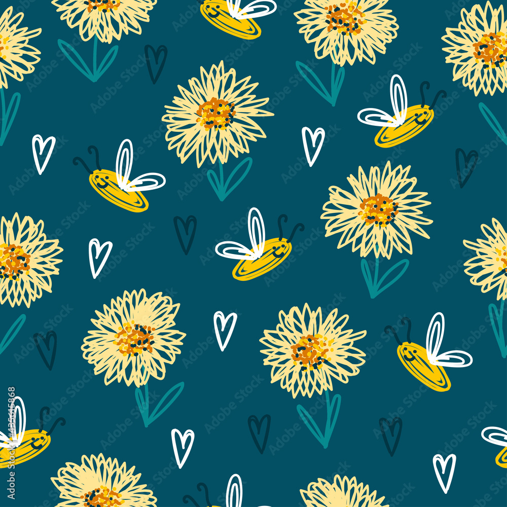 Seamless pattern with fluffy flowers and incisor around. Funny floral background for fabric and wrapping paper.