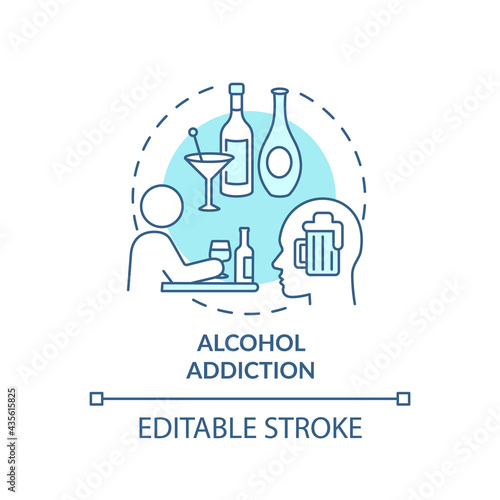 Alcohol addiction concept icon. Addiction types. Treatment of alcoholism troubles. Health care abstract idea thin line illustration. Vector isolated outline color drawing. Editable stroke