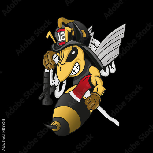 Bee firefighter with a hose and an ax. Illustration on a black background