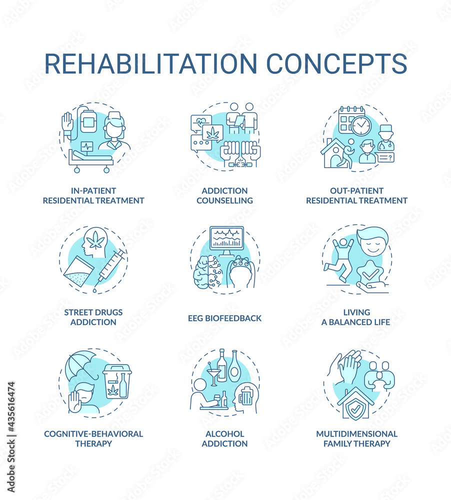 Rehabilitation concept icons set. Addiction recovery steps. Addiction treatment methods. Rehabilitation variety idea thin line color illustrations. Vector isolated outline drawings. Editable stroke