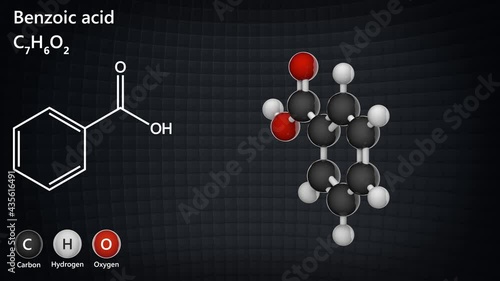 Benzoic acid (Carboxybenzene) is widely used as a food preservative E210. Formula: C7H6O2. 3D render. Seamless loop. Chemical structure model: Ball and Stick. photo