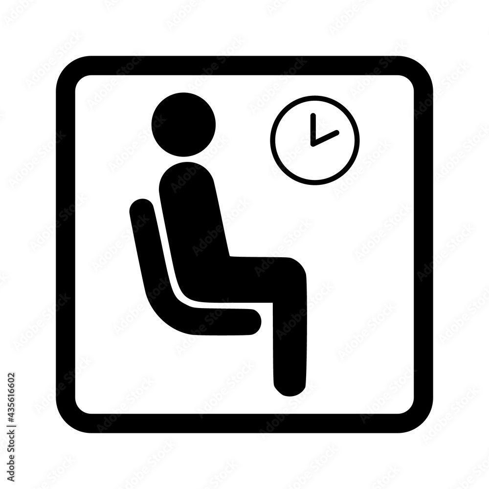 Waiting room sign. Vector illustration of man sitting on chair against wall clock. Public hall symbol isolated on white background. Flat, simple graphic. Waiting room sign. Vector illustration of man sitting on chair against wall clock. Public hall symbol isolated on white background. Flat, simple graphic.