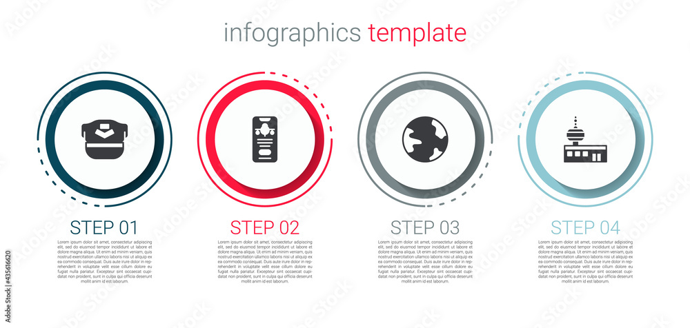 Set Pilot hat, Mobile with ticket, Worldwide and Airport control tower. Business infographic template. Vector Set Pilot hat, Mobile with ticket, Worldwide and Airport control tower. Business infographic template. Vector