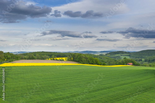 Przedgórze Sudeckie. Pola uprawne z plantacjami kwitnącego rzepaku. Zdjęcie zrobione przy użyciu latającego drona.