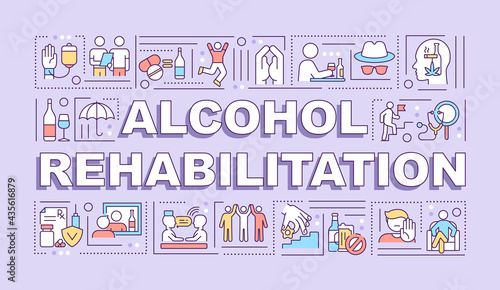 Alcohol rehabilitation word concepts banner. Addiction curing. Infographics with linear icons on purple background. Isolated creative typography. Vector outline color illustration with text