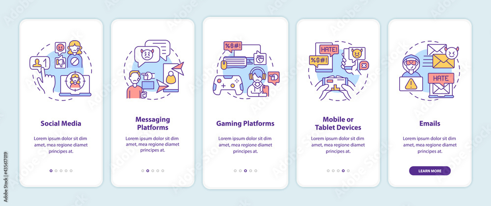 Cyberbullying channels onboarding mobile app page screen with concepts. Social media, platforms walkthrough 5 steps graphic instructions. UI, UX, GUI vector template with linear color illustrations