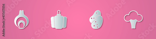 Set paper cut Onion, Bell pepper, Potato and Broccoli icon. Paper art style. Vector