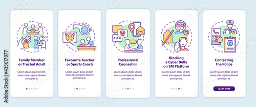 Reporting cyberbullying onboarding mobile app page screen with concepts. Family member, teacher walkthrough 5 steps graphic instructions. UI, UX, GUI vector template with linear color illustrations