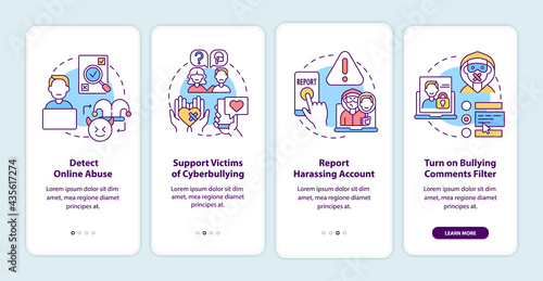 Cyberbullying prevention steps onboarding mobile app page screen with concepts. Detection, report walkthrough 4 steps graphic instructions. UI, UX, GUI vector template with linear color illustrations