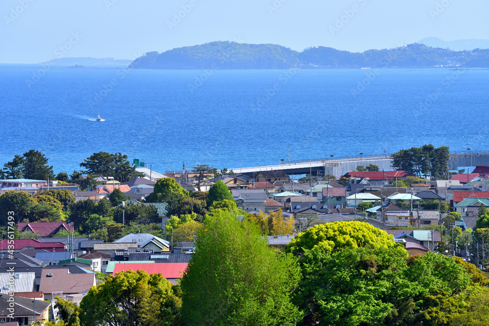 小田原城から望む真っ青な相模湾と海辺の住宅