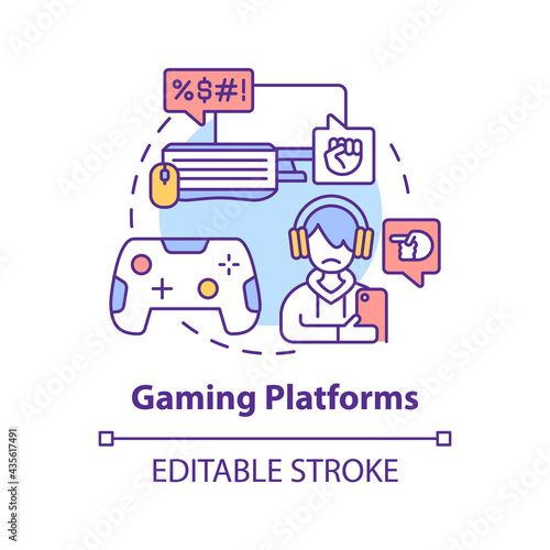 Gaming platforms concept icon. Cyberbullying channel idea thin line illustration. Chatting while playing video games. Posting rude comments. Vector isolated outline RGB color drawing. Editable stroke