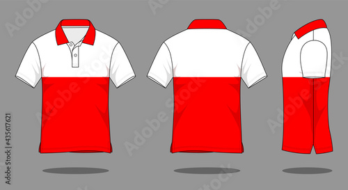 Two-tone short sleeve polo shirt white-red design on gray background. Front, back and views, vector file.