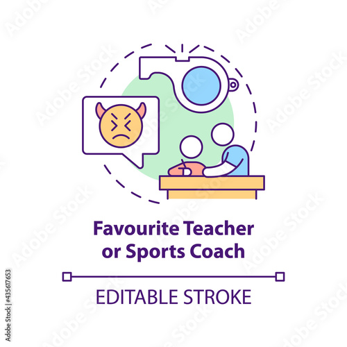 Favourite teacher and sports coach concept icon. Reporting cyberbullying idea thin line illustration. Contacting counselor and principal. Vector isolated outline RGB color drawing. Editable stroke