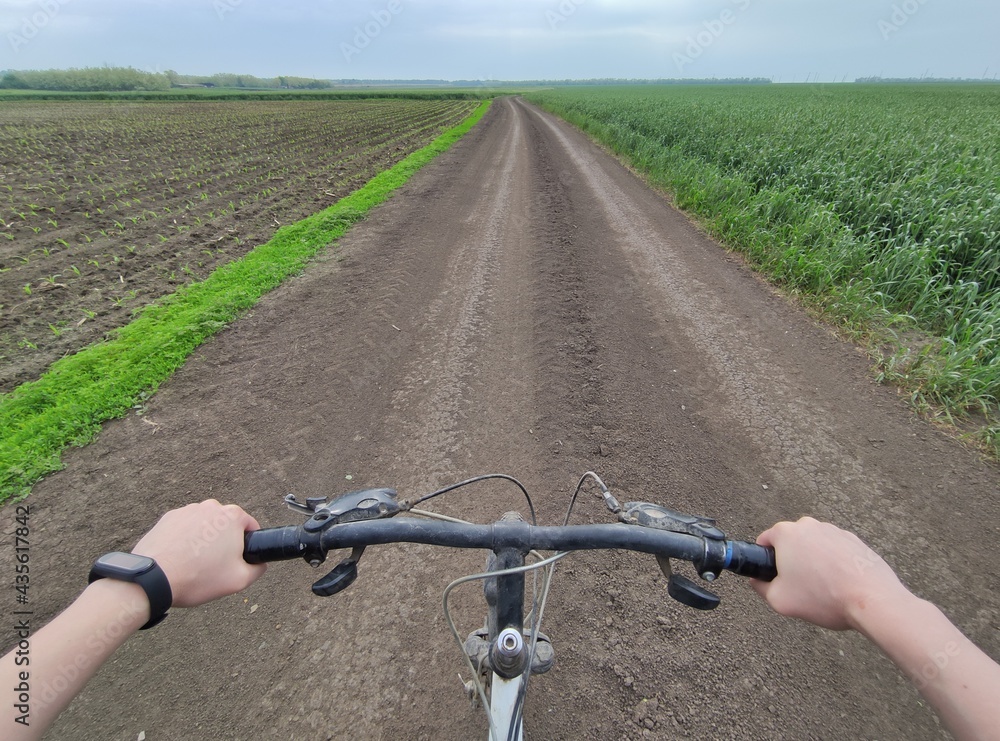 Female hands holding the handlebars of a bicycle in the first person Female hands holding the handlebars of a bicycle in the first person